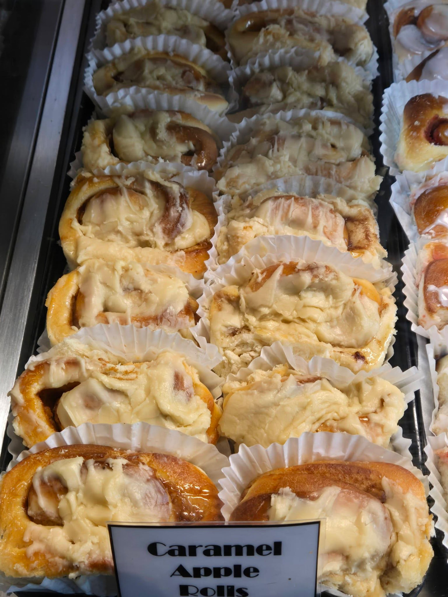 Caramel apple rolls in bakery papers at Mi-Lady Bakery